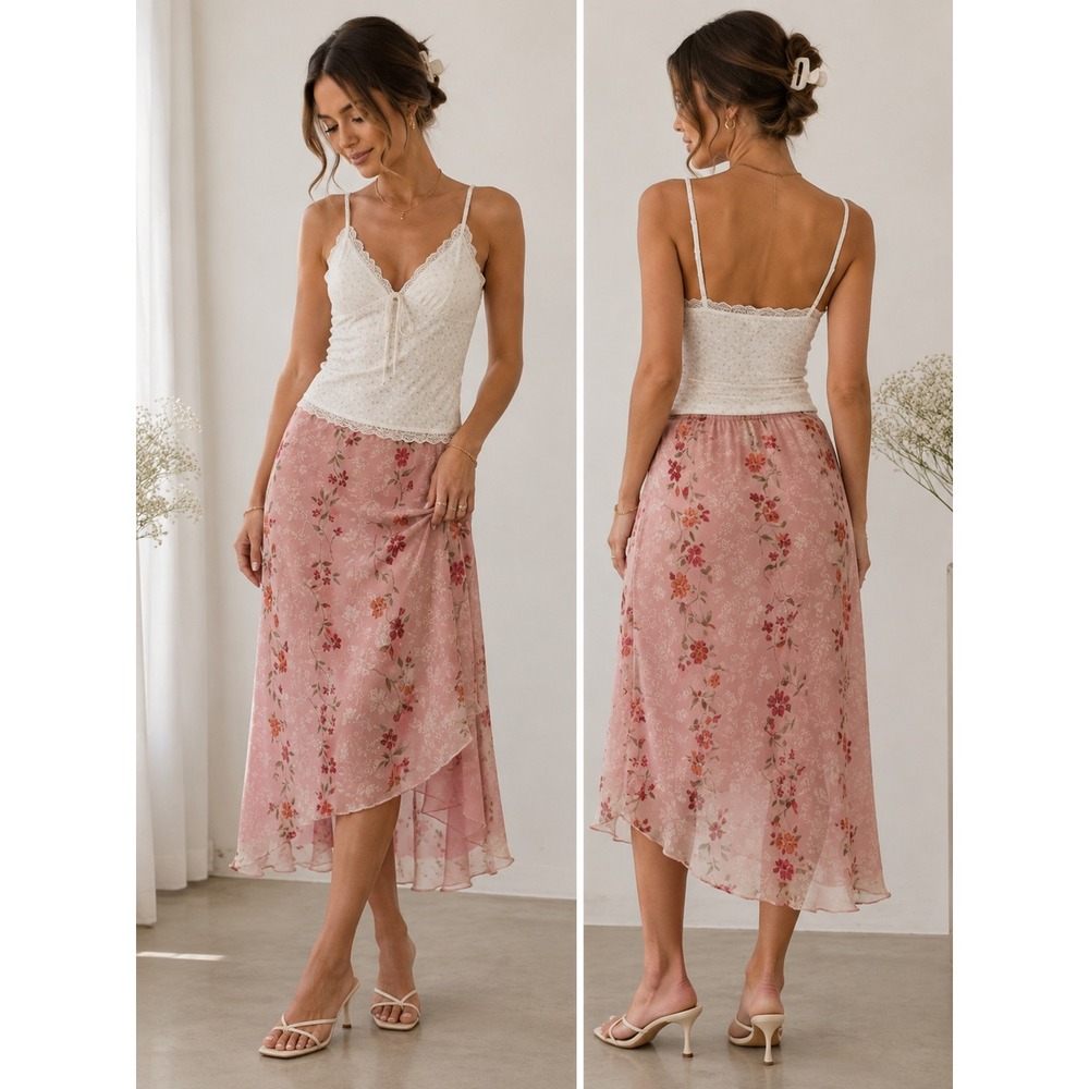 Y2K 90s Pink Floral Chiffon Midi Skirt Size 14 Asymmetric Hem Fairy Dainty